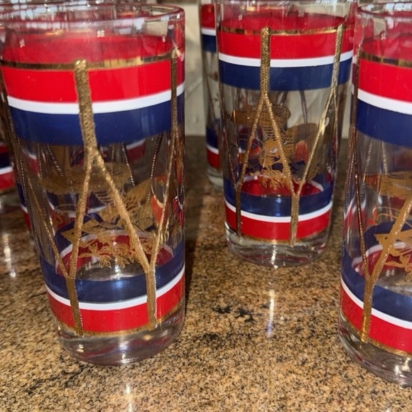 Antique House Art Elegant Gold and Red Drum Design Glass Set of 8 Red White Blue - Picture 2 of 15